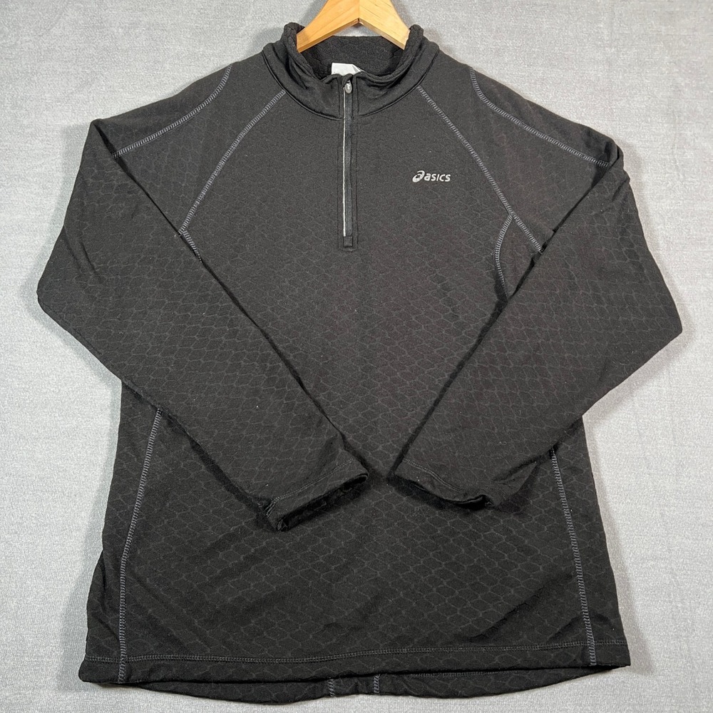 ASICS 1/4 Zip Pullover Textured Fleece Mock Neck Shirt Mens M Black Polyester